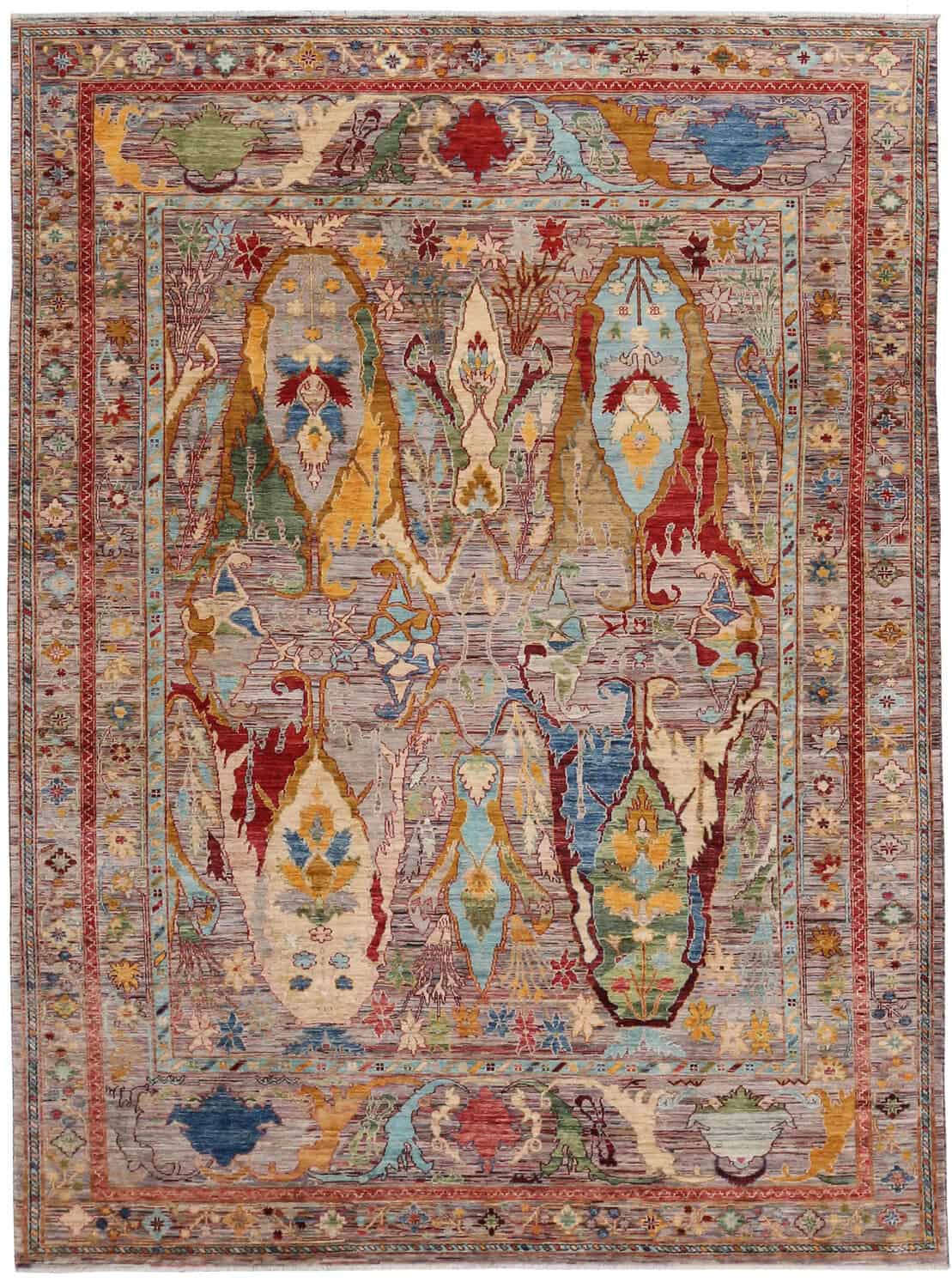 Multicolor Afghan Rug with Golden Leaf Motifs, 356 × 243 cm, overall view.