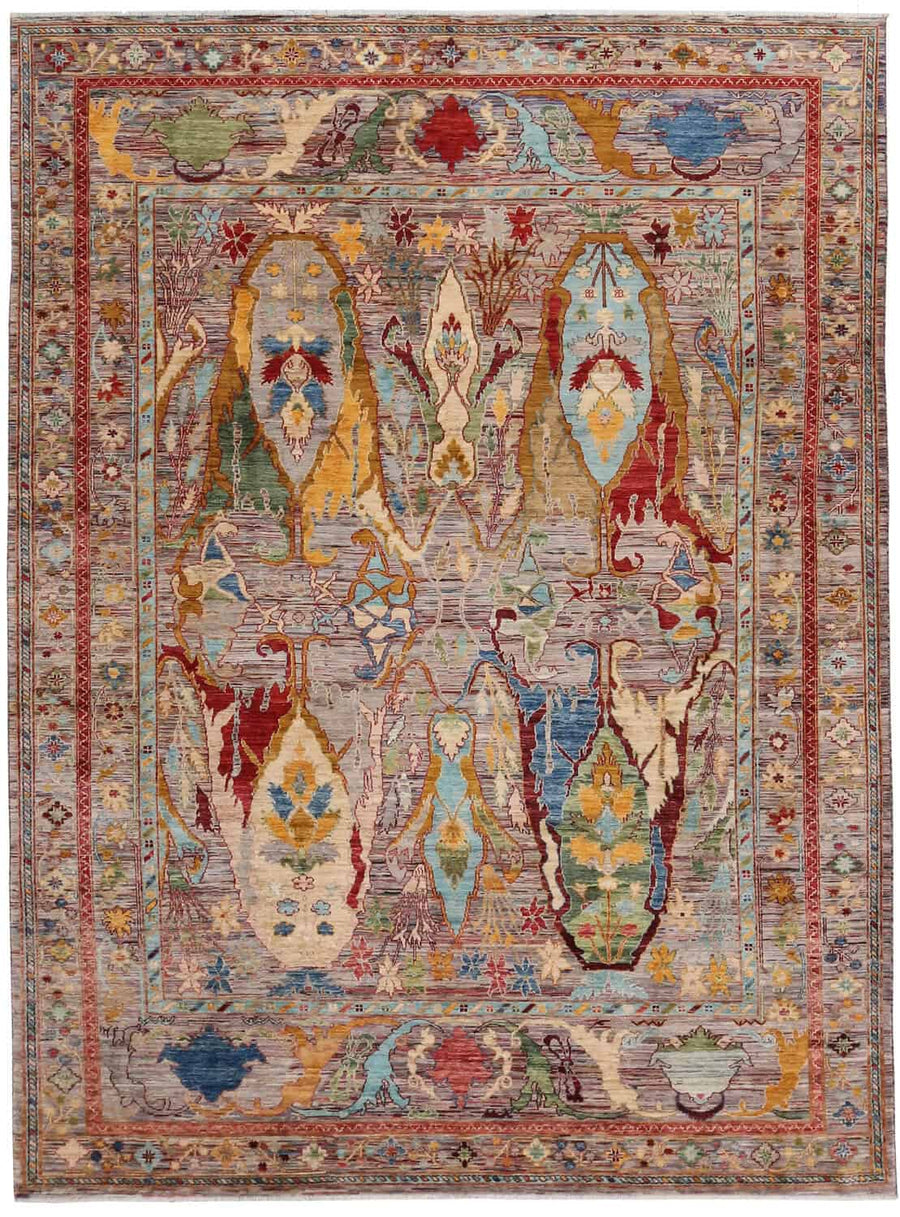 Multicolor Afghan Rug with Golden Leaf Motifs, 356 × 243 cm, overall view.