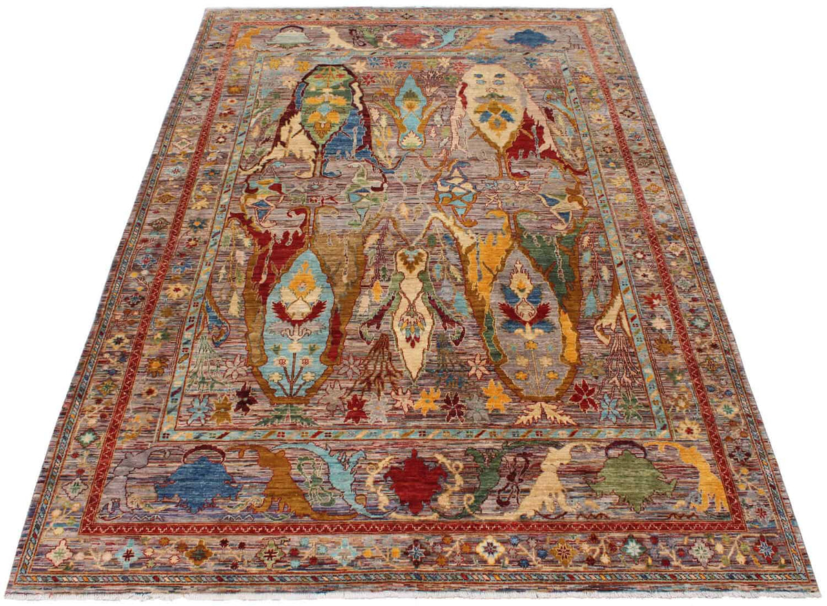 Multicolor Afghan Rug with Golden Leaf Motifs, 356 × 243 cm, view 2.