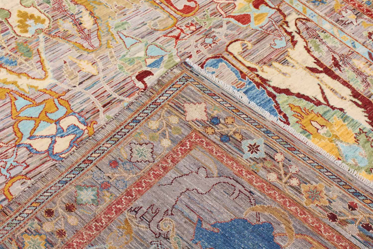 Multicolor Afghan Rug with Golden Leaf Motifs, 356 × 243 cm, view 5.