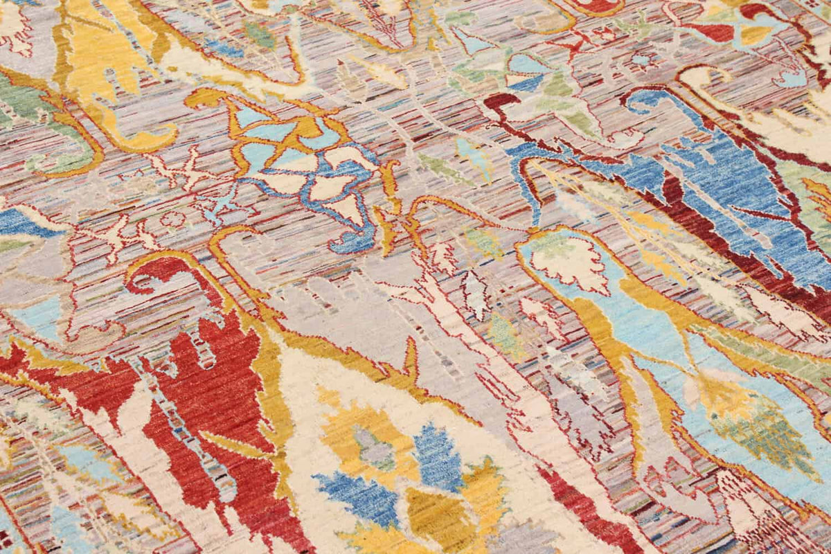 Multicolor Afghan Rug with Golden Leaf Motifs, 356 × 243 cm, view 6.
