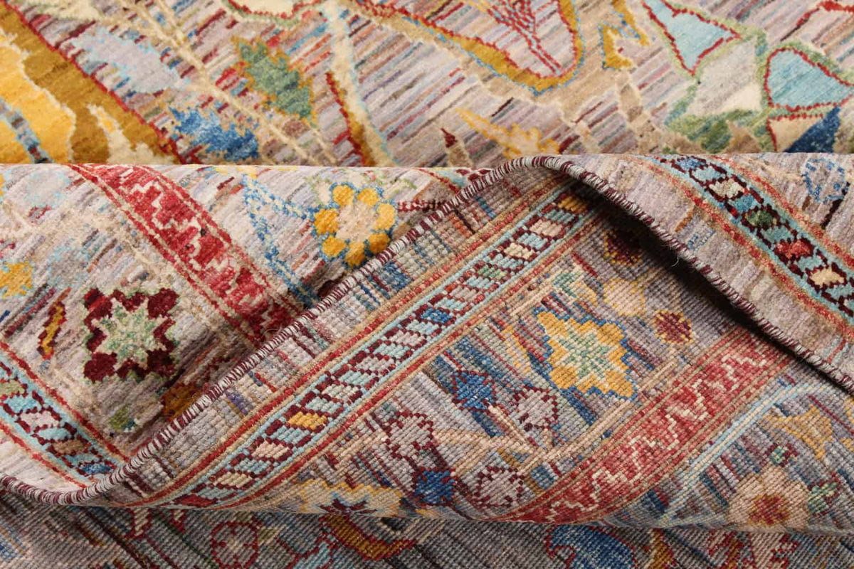 Multicolor Afghan Rug with Golden Leaf Motifs, 356 × 243 cm, view 8.