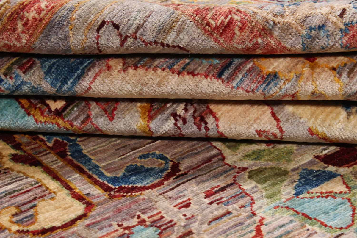 Multicolor Afghan Rug with Golden Leaf Motifs, 356 × 243 cm, view 7.