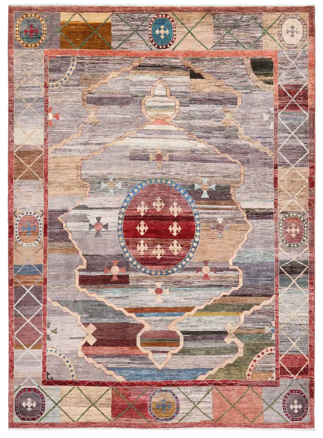 Afghan Rug with Red Medallion & Geometric Border, 351 × 260 cm, overall view.
