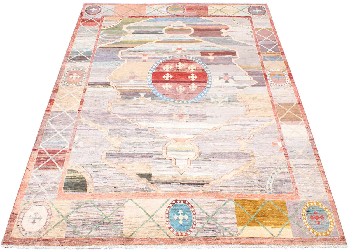 Afghan Rug with Red Medallion & Geometric Border, 351 × 260 cm, view 2.