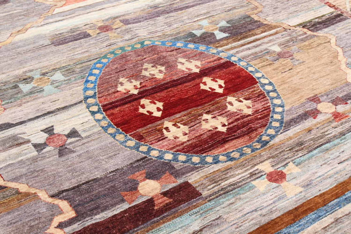 Afghan Rug with Red Medallion & Geometric Border, 351 × 260 cm, view 6.