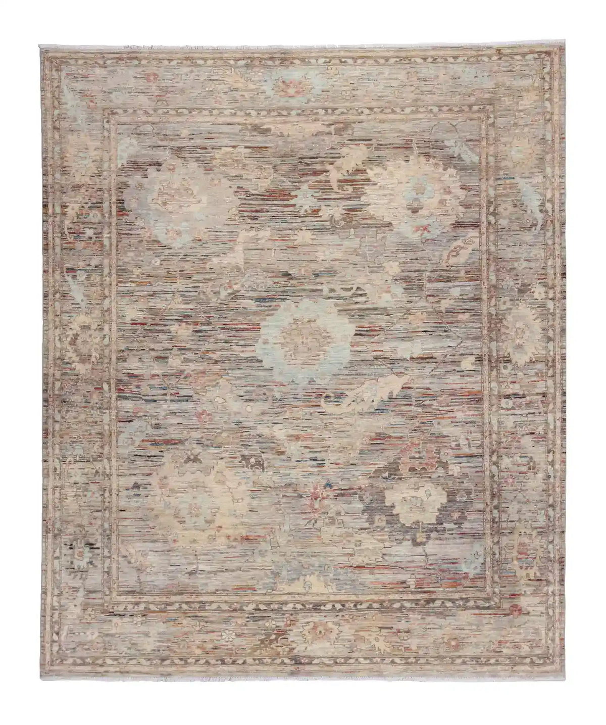 Gray Afghan Rug with Light Flowers, 298 × 246 cm, overall view.