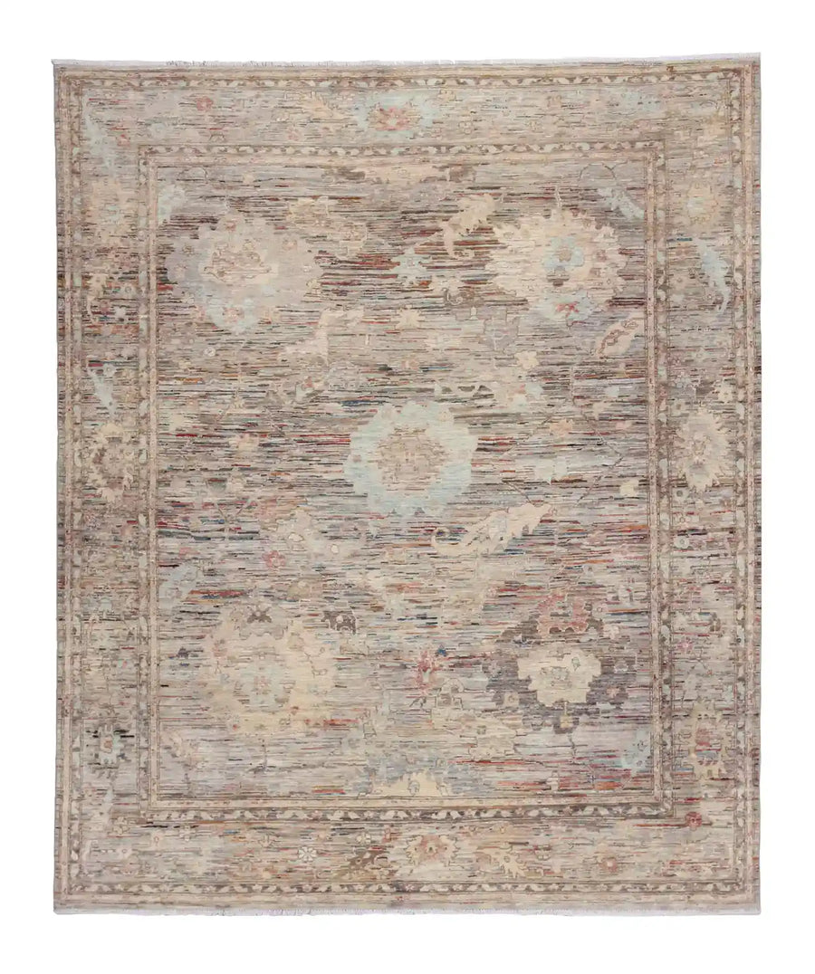 Gray Afghan Rug with Light Flowers, 298 × 246 cm, overall view.