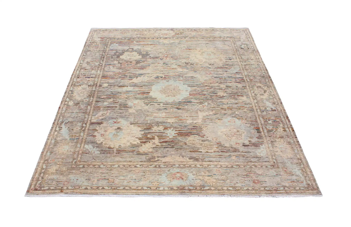 Gray Afghan Rug with Light Flowers, 298 × 246 cm, view 2.