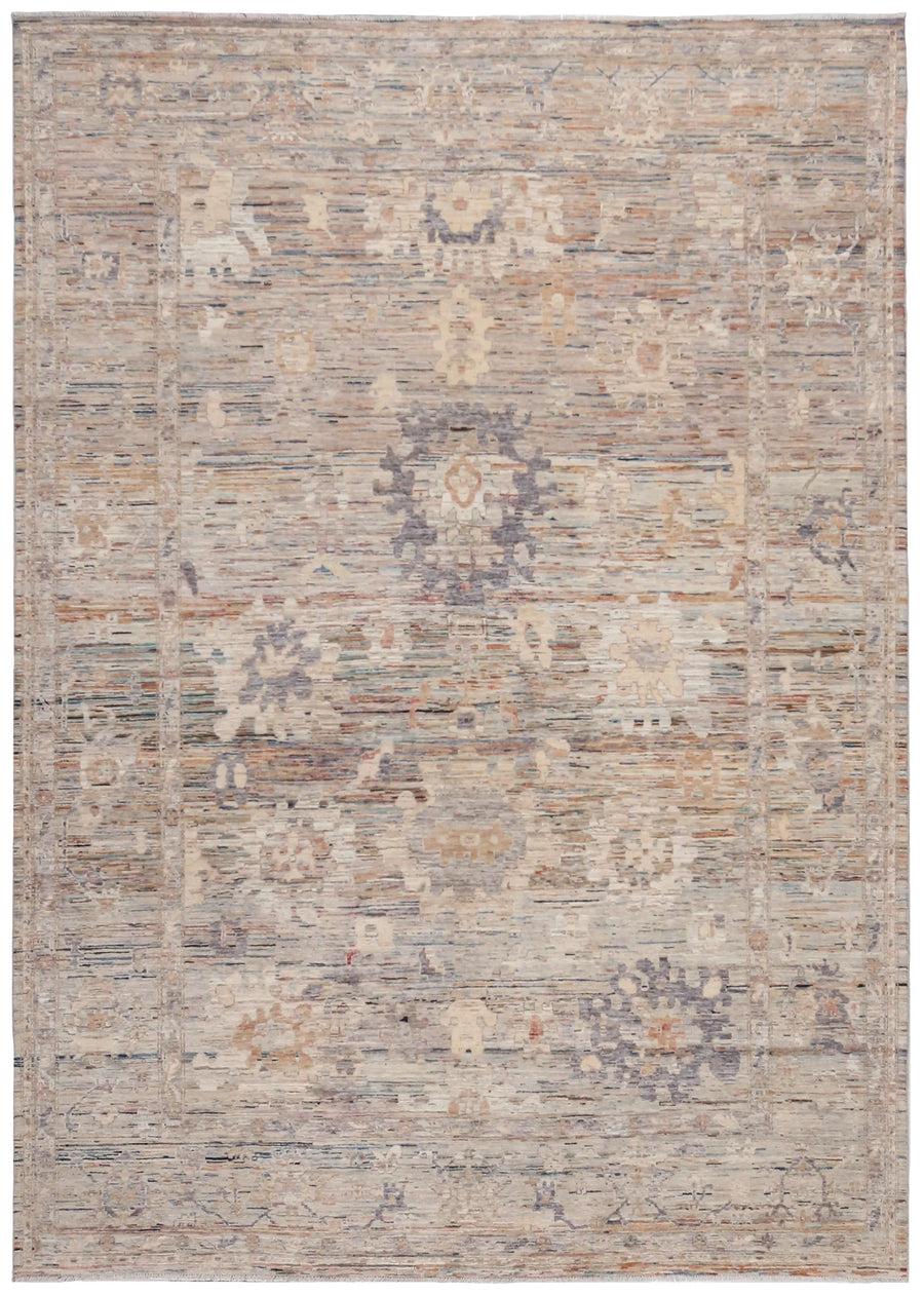 Gray Afghan Rug with Cream Floral Field, 356 × 258 cm, overall view.