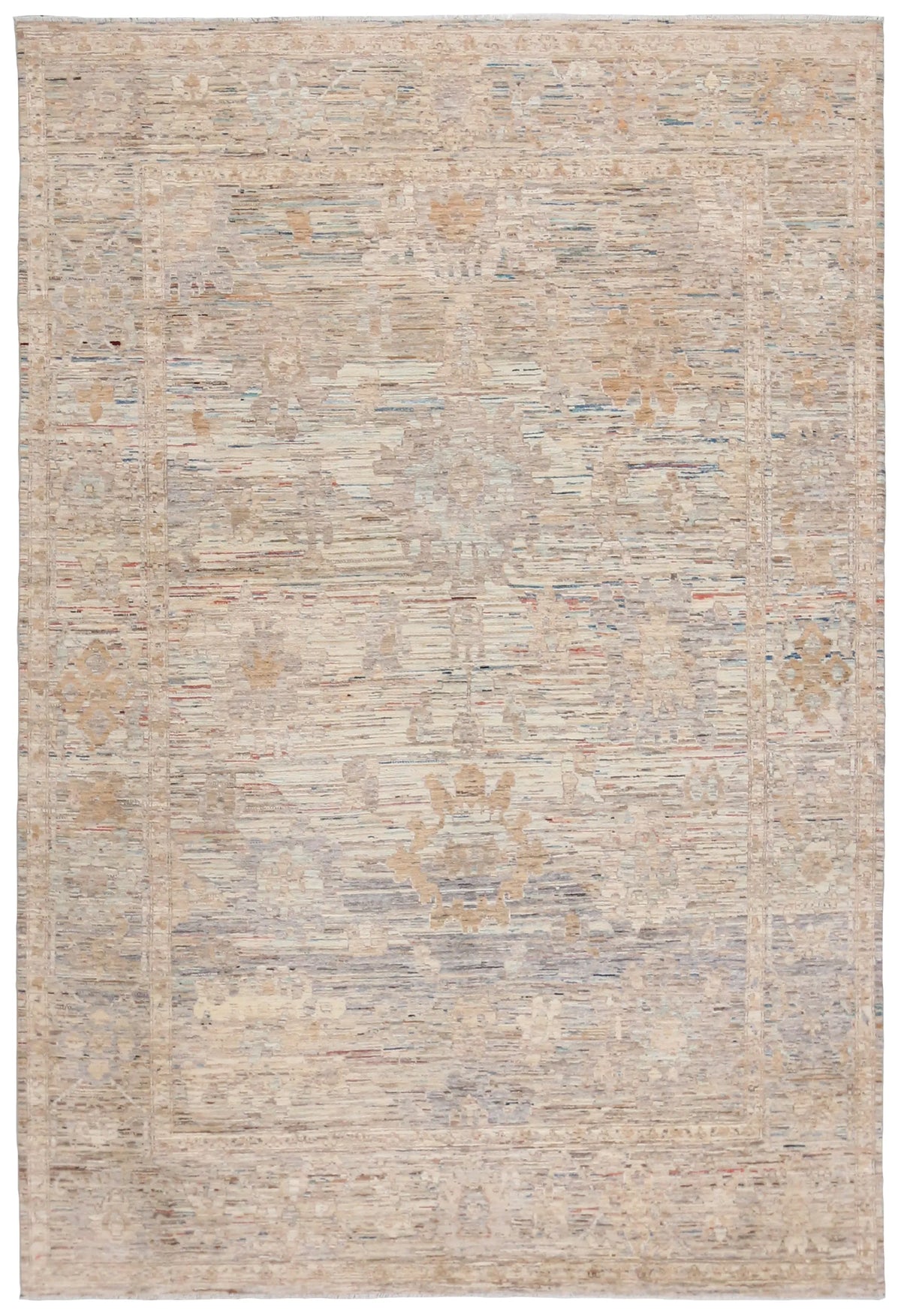 Cream & Gold Afghan Rug with Blue Accents, 366 × 252 cm, overall view.