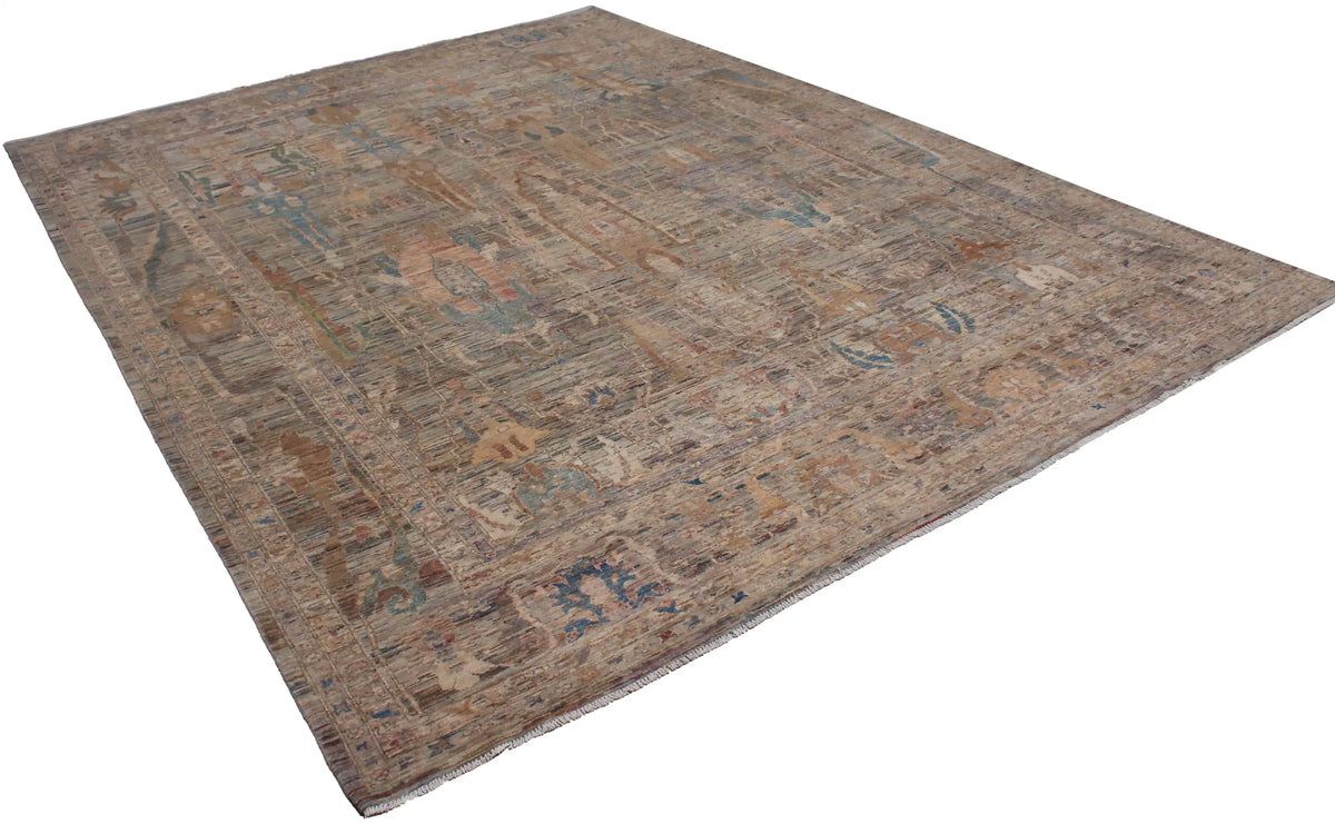 Gray-Brown Afghan Rug with Long Leaf Motifs, 398 × 296 cm, view 3.