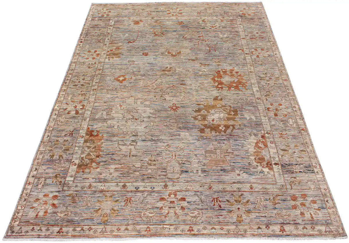 Light Gray Afghan Rug with Rust Flowers, 345 × 253 cm, view 2.