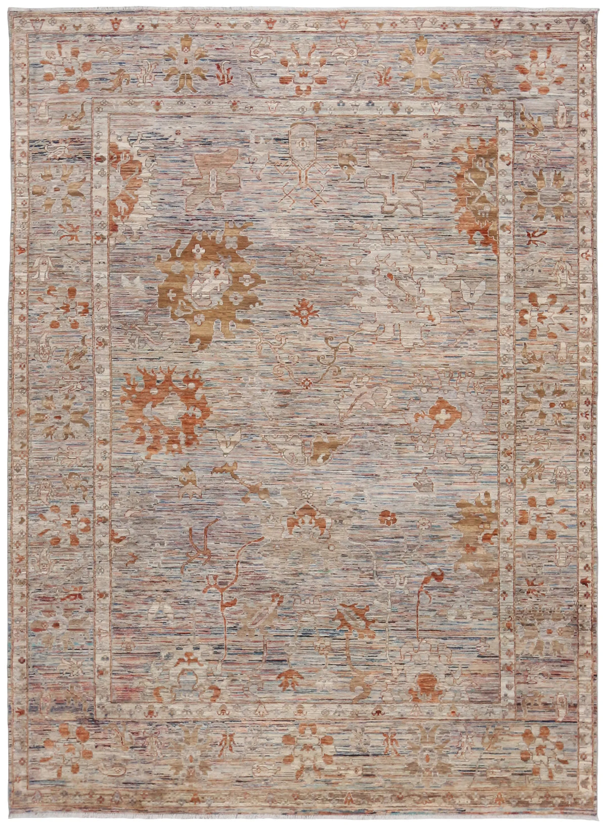 Light Gray Afghan Rug with Rust Flowers, 345 × 253 cm, overall view.