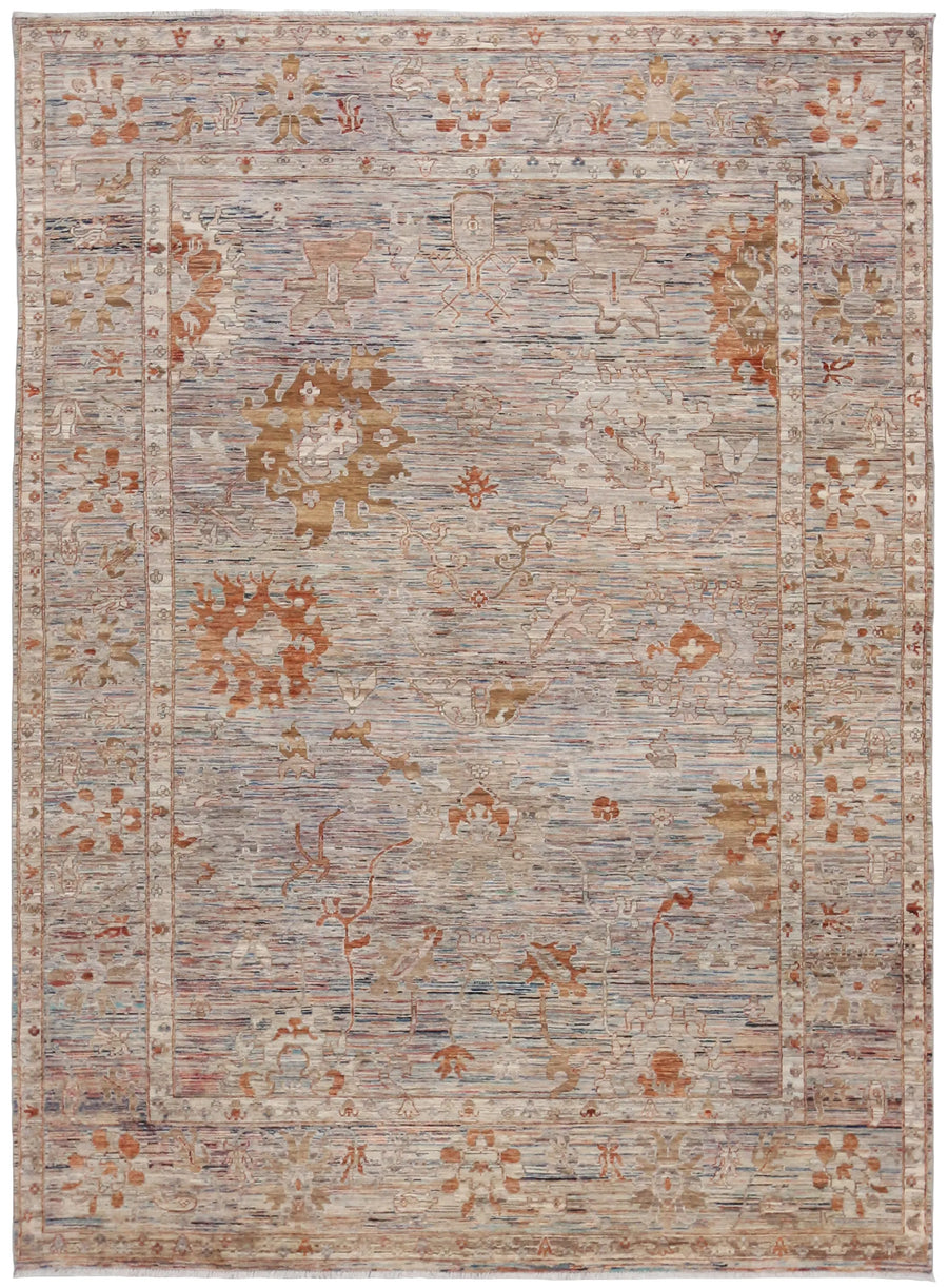 Light Gray Afghan Rug with Rust Flowers, 345 × 253 cm, overall view.
