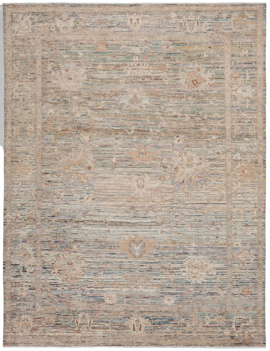 Gray & Pastel Floral Afghan Wool Rug, 335 × 261 cm, overall view.