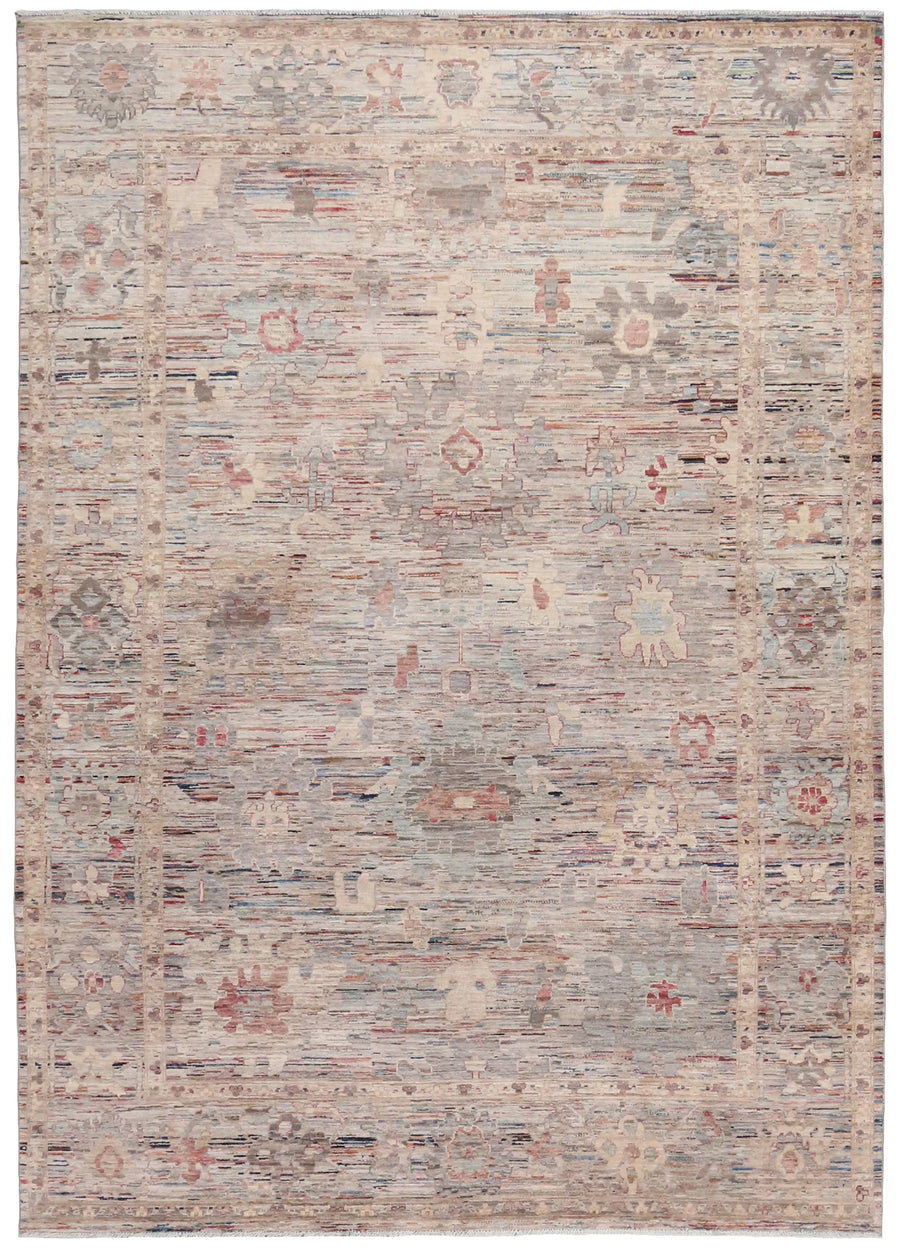 Gray & Pink Afghan Rug with Light Rosettes, 346 × 249 cm, overall view.