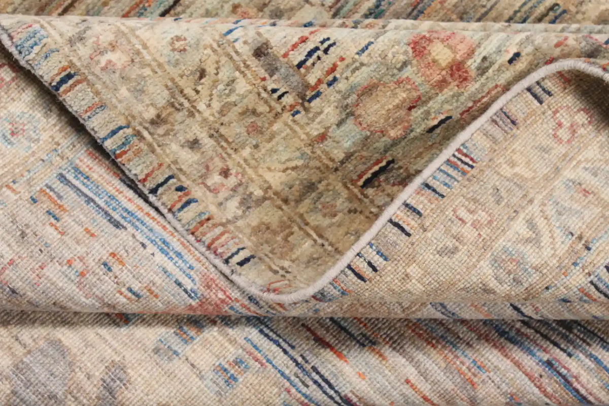 Beige Afghan Rug with Sage Green Floral Motifs, 354 × 274 cm, view 7.