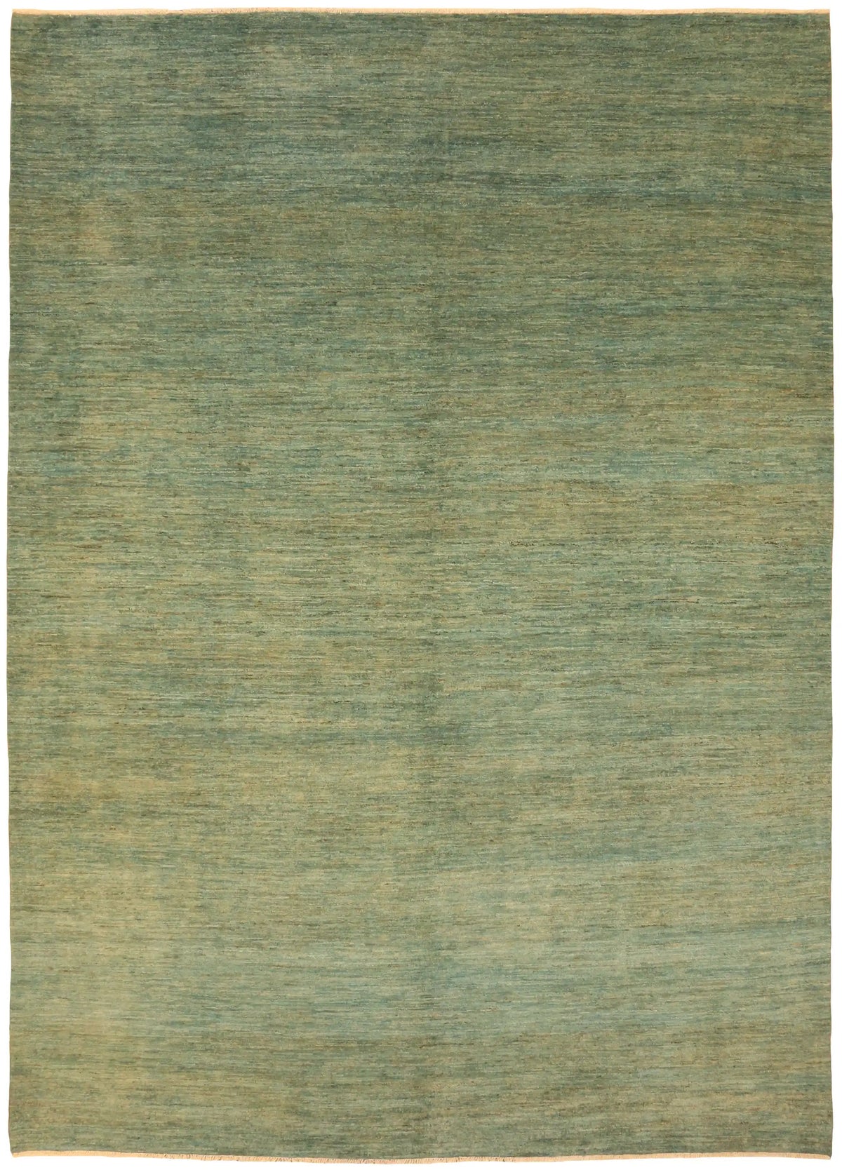 Green Wool Rug with Gold-Colored Stripes, 408 × 298 cm, overall view.