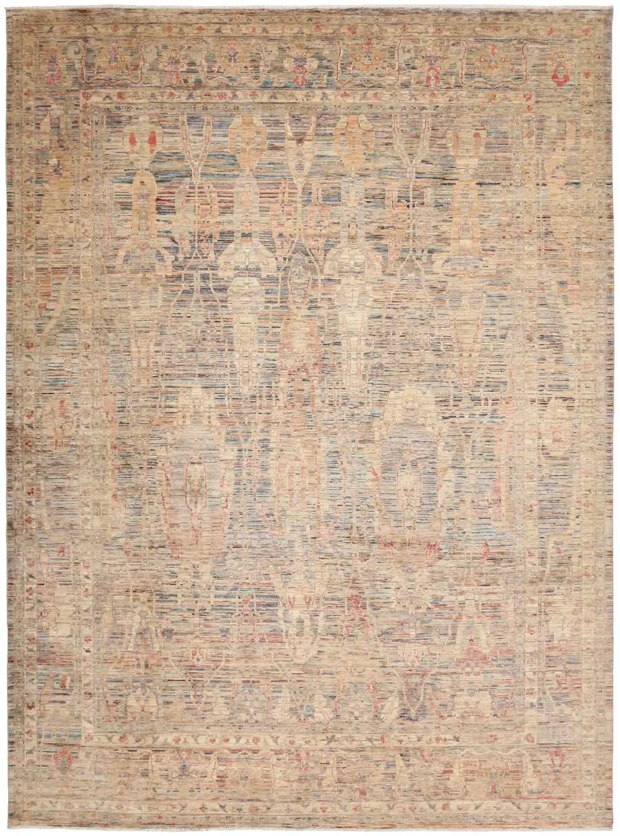 Light Afghan Rug with Blue Leaf Motifs, 405 × 312 cm, overall view.