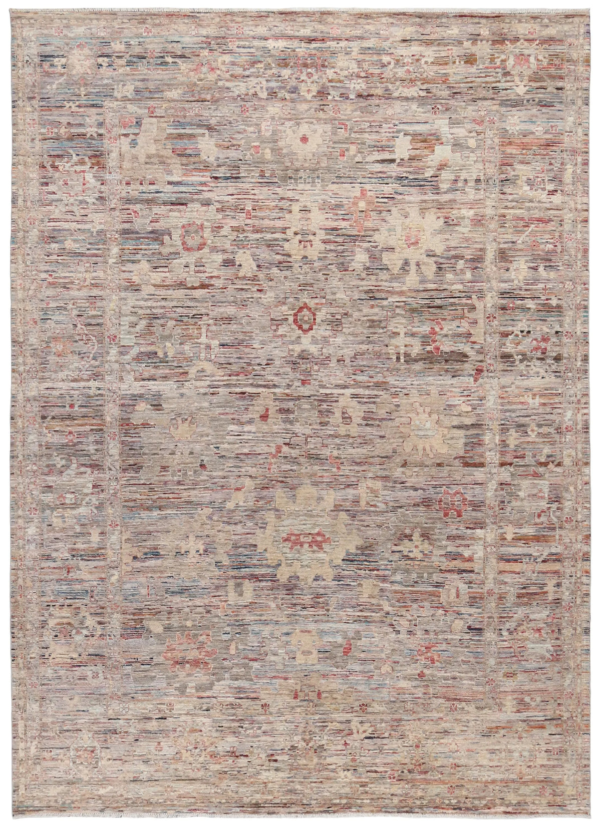Rose & Gray Afghan Rug with Light Flowers, 348 × 257 cm, overall view.