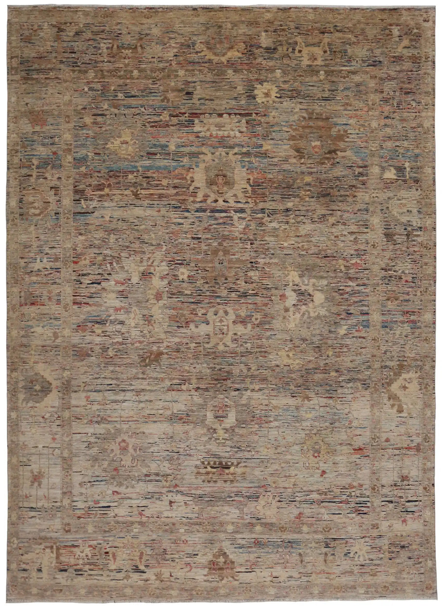 Beige & Brown Afghan Rug with Soft Flowers, 388 × 294 cm, overall view.