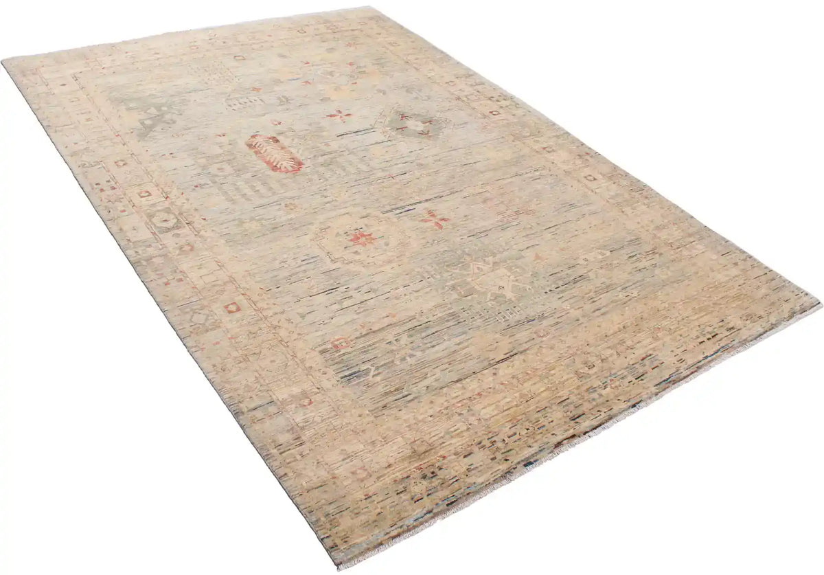 Light Sage Afghan Rug with Red Medallions, 345 × 252 cm, view 3.