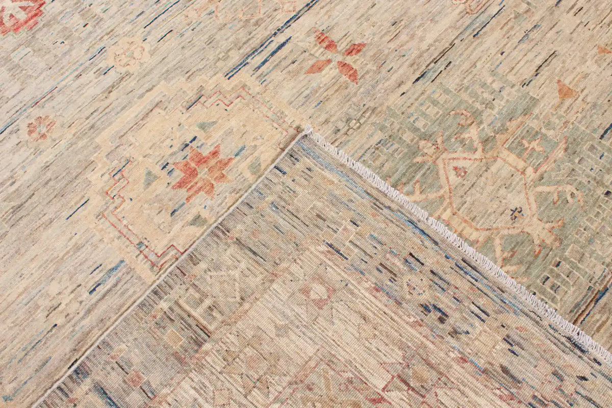 Light Sage Afghan Rug with Red Medallions, 345 × 252 cm, view 5.