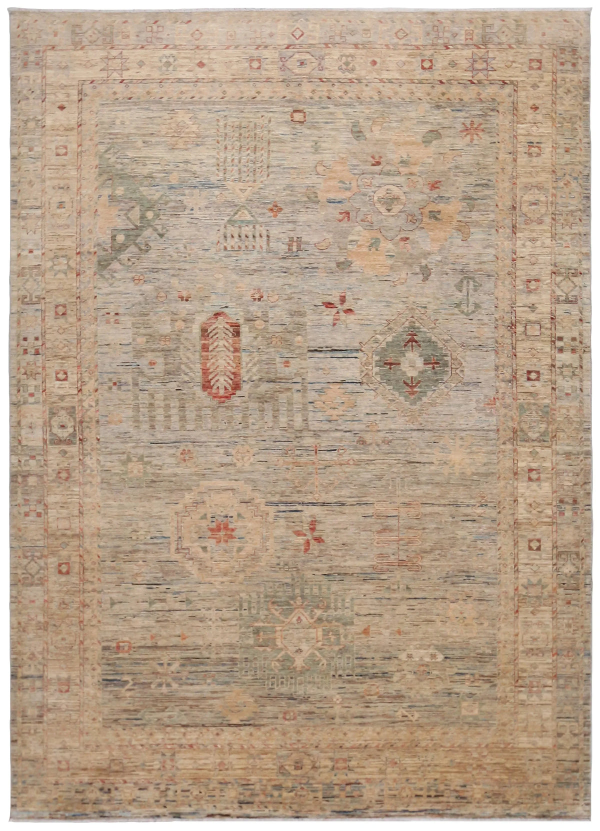 Light Sage Afghan Rug with Red Medallions, 345 × 252 cm, overall view.