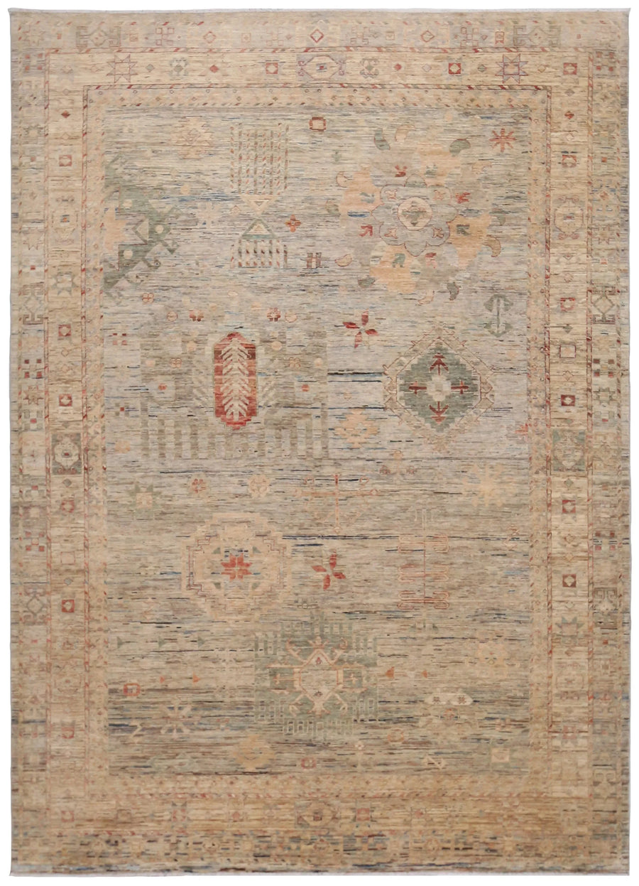 Light Sage Afghan Rug with Red Medallions, 345 × 252 cm, overall view.