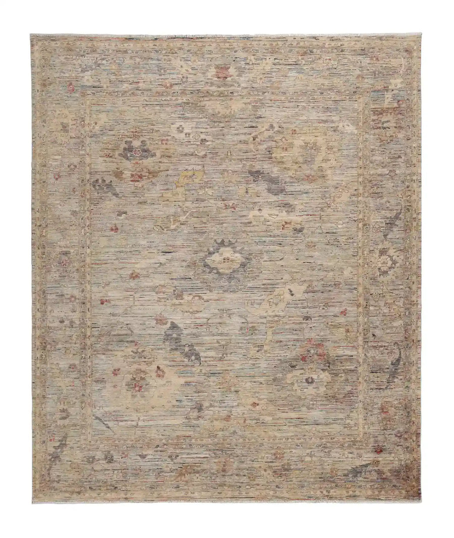 Beige Afghan Rug with Fine Blue Floral Detail, 293 × 244 cm, overall view.