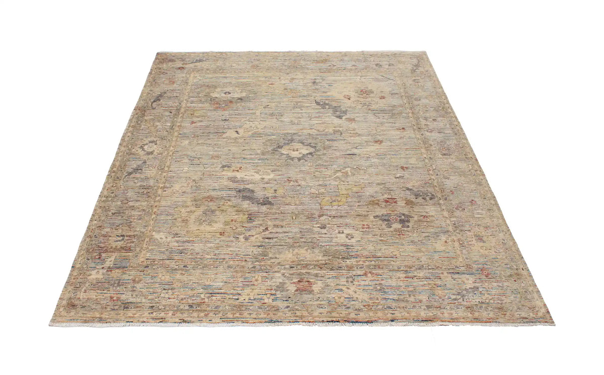 Beige Afghan Rug with Fine Blue Floral Detail, 293 × 244 cm, view 2.