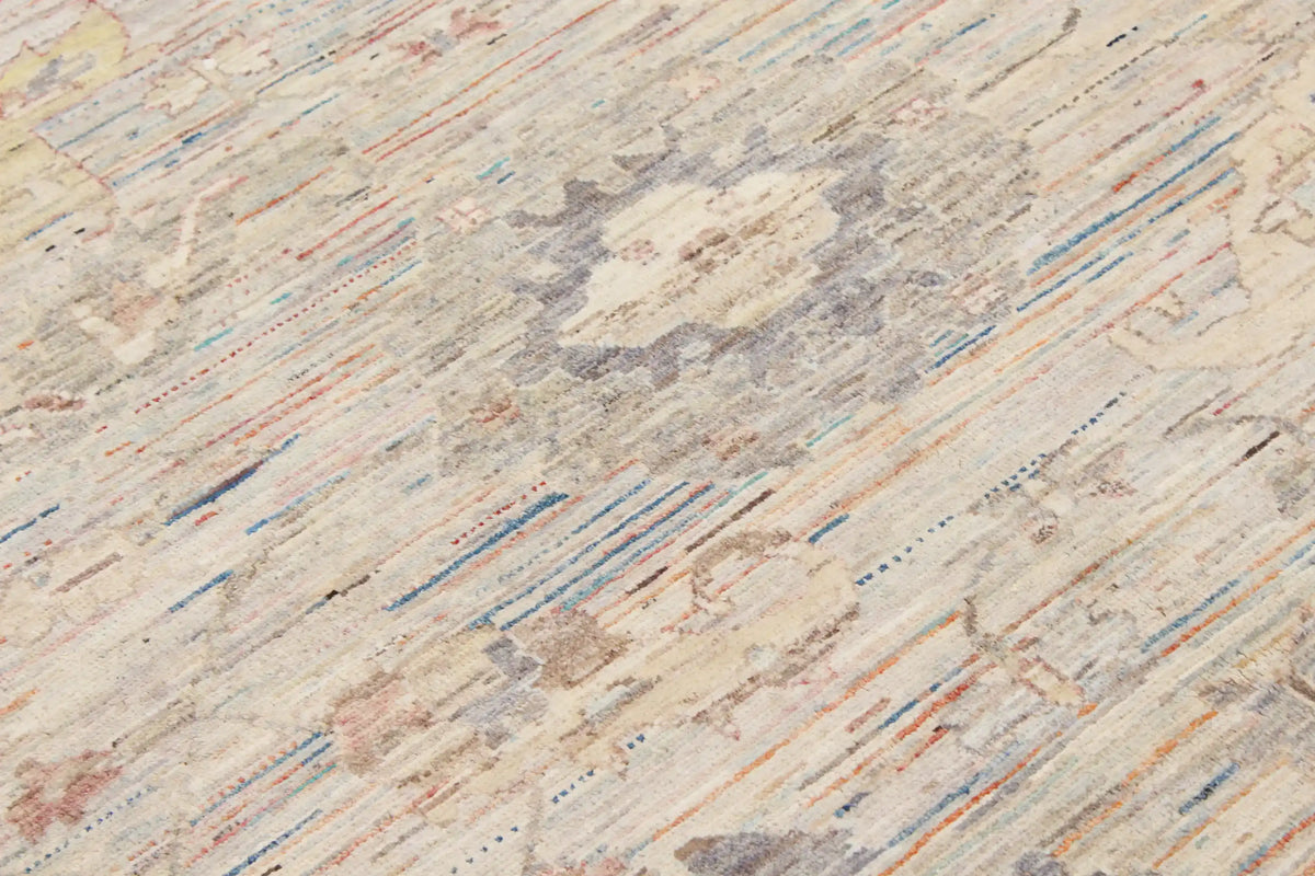 Beige Afghan Rug with Fine Blue Floral Detail, 293 × 244 cm, view 4.