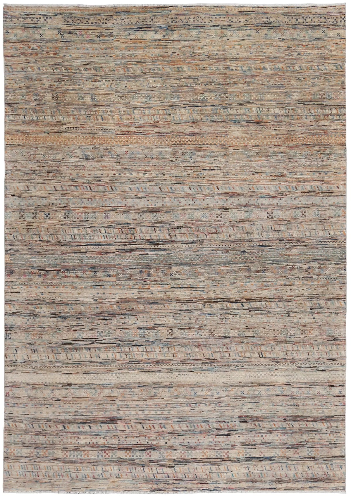 Sand Berjasta Rug with Blue Horizontal Lines, 347 × 250 cm, overall view.