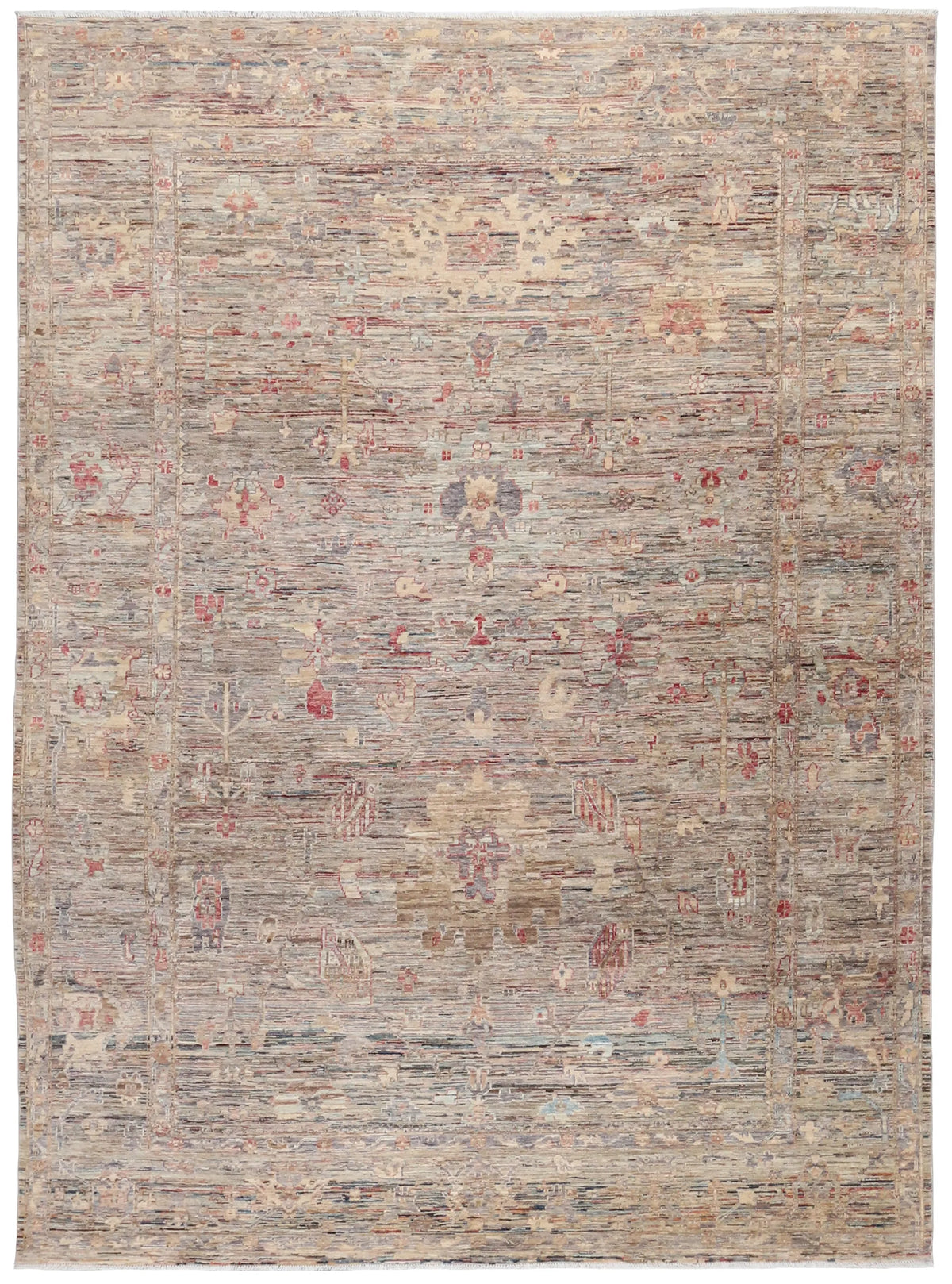 Gray Wool Rug with Small Pink Flowers, 338 × 254 cm, overall view.