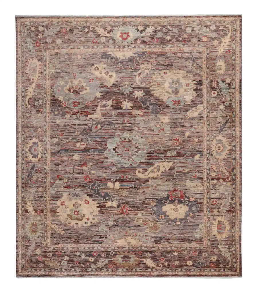 Gray-Brown Wool Rug with Cream Flowers, 293 × 245 cm, overall view.