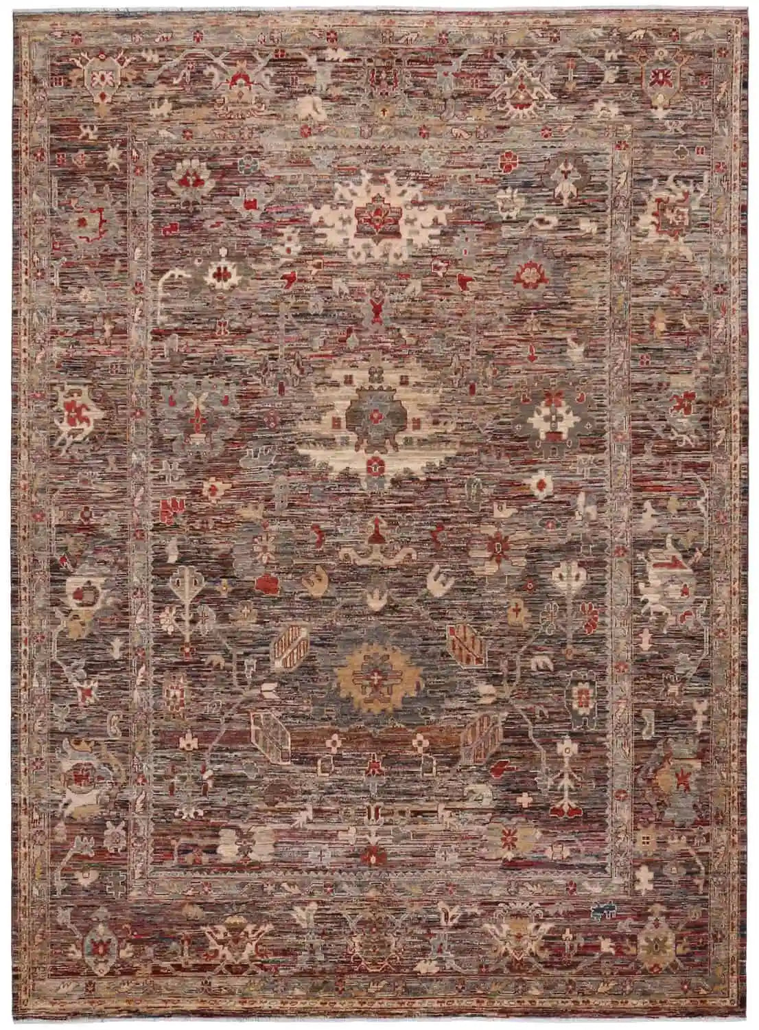 Afghan Wool Rug with Cream Floral Motifs, 344 × 258 cm, overall view.