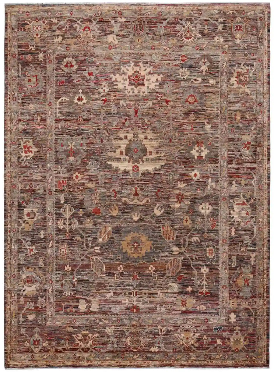 Afghan Wool Rug with Cream Floral Motifs, 344 × 258 cm, overall view.