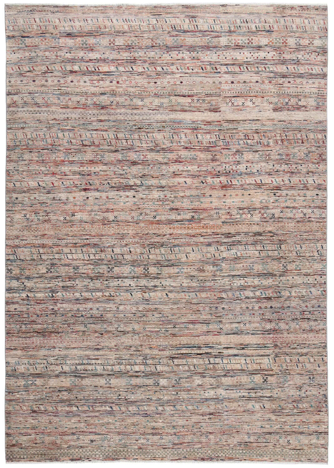 Abstract Afghan Rug with Brown & Pink Lines, 348 × 249 cm, overall view.