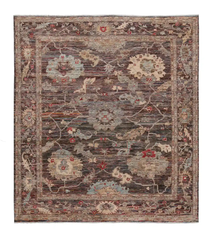 Dark Brown Afghan Rug with Broad Floral Motifs, 276 × 245 cm, overall view.