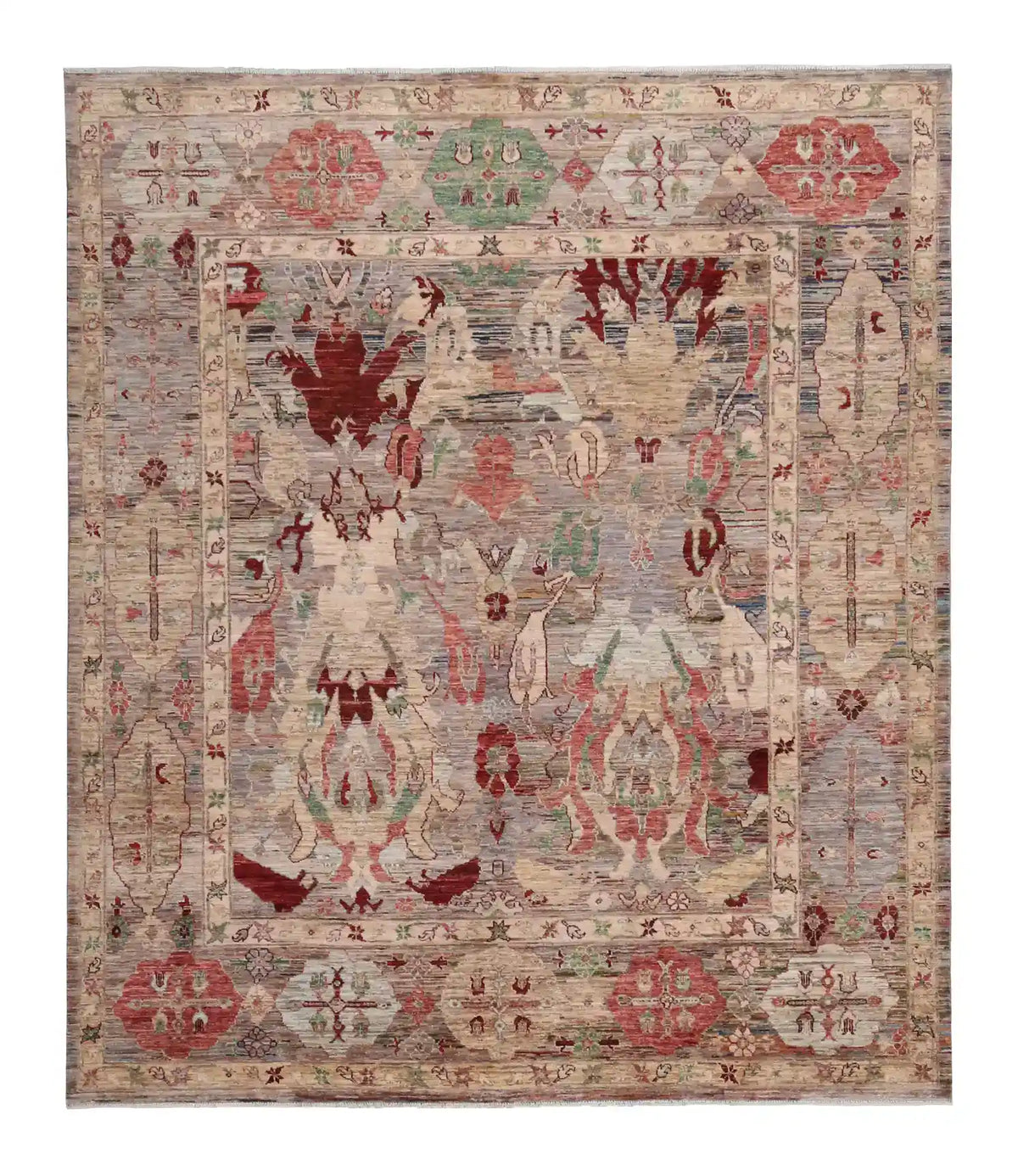 Pink Afghan Rug with Cream Leaf Motifs, 297 × 247 cm, overall view.