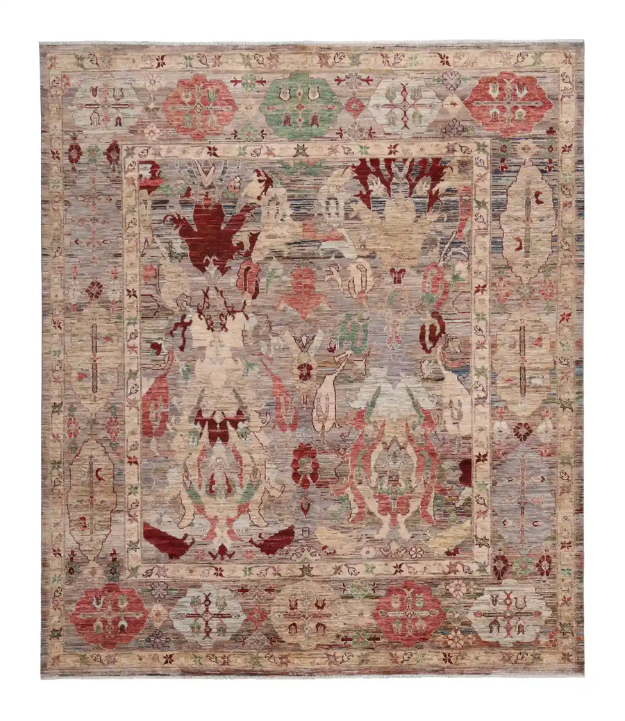 Pink Afghan Rug with Cream Leaf Motifs, 297 × 247 cm, overall view.