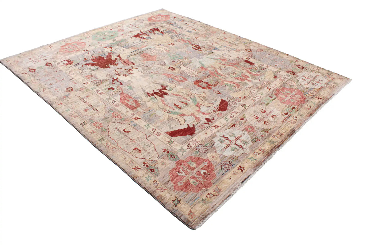 Pink Afghan Rug with Cream Leaf Motifs, 297 × 247 cm, view 3.