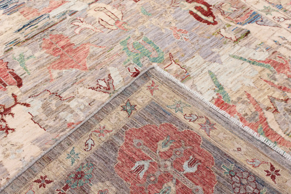 Pink Afghan Rug with Cream Leaf Motifs, 297 × 247 cm, view 5.