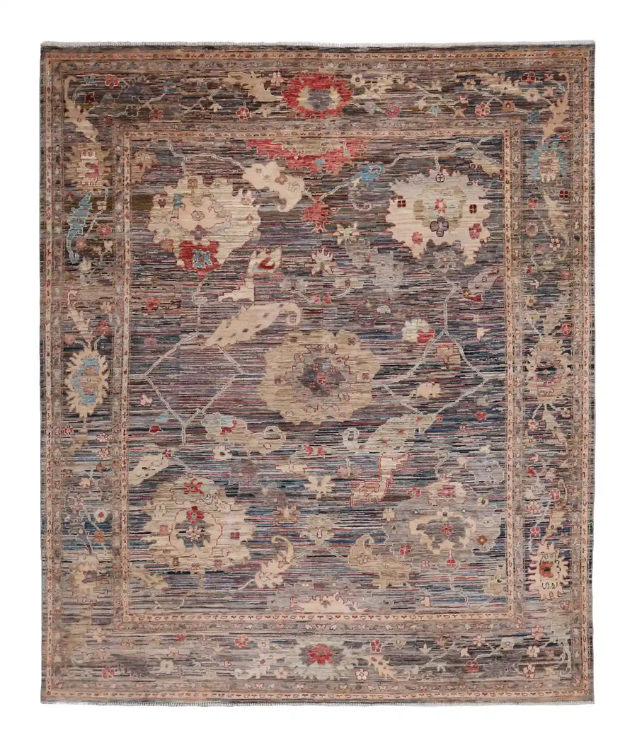 Blue-Gray Afghan Rug with Large Cream Flowers, 298 × 248 cm, overall view.