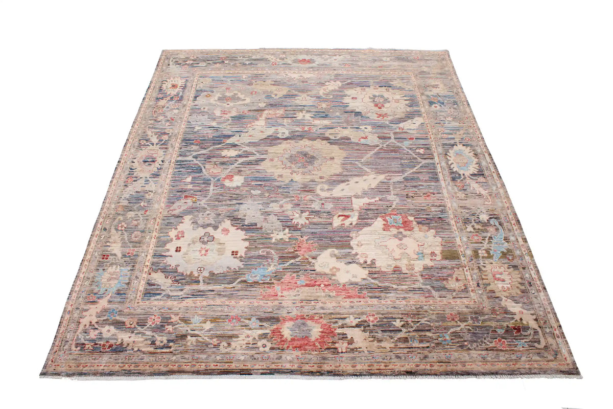 Blue-Gray Afghan Rug with Large Cream Flowers, 298 × 248 cm, view 2.
