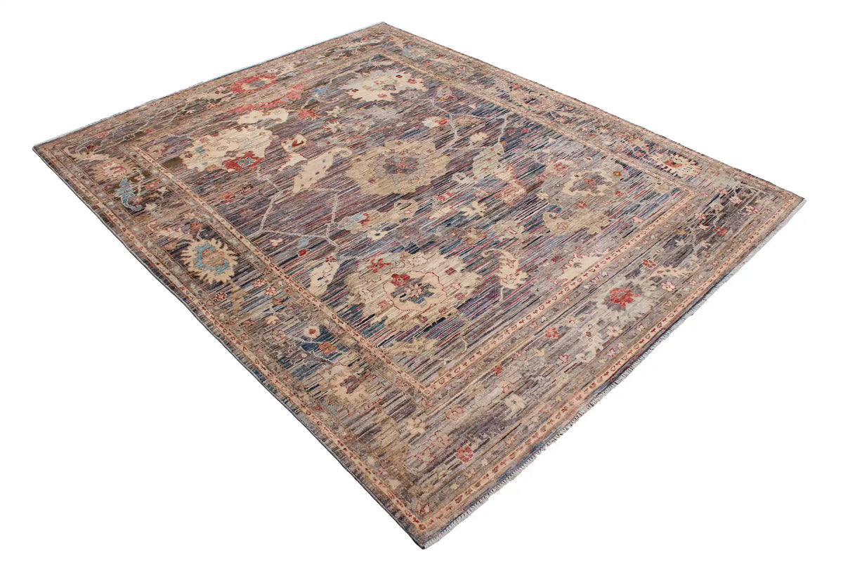 Blue-Gray Afghan Rug with Large Cream Flowers, 298 × 248 cm, view 3.