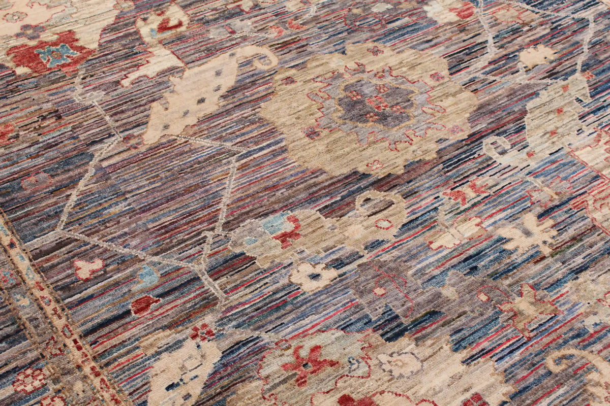 Blue-Gray Afghan Rug with Large Cream Flowers, 298 × 248 cm, view 9.