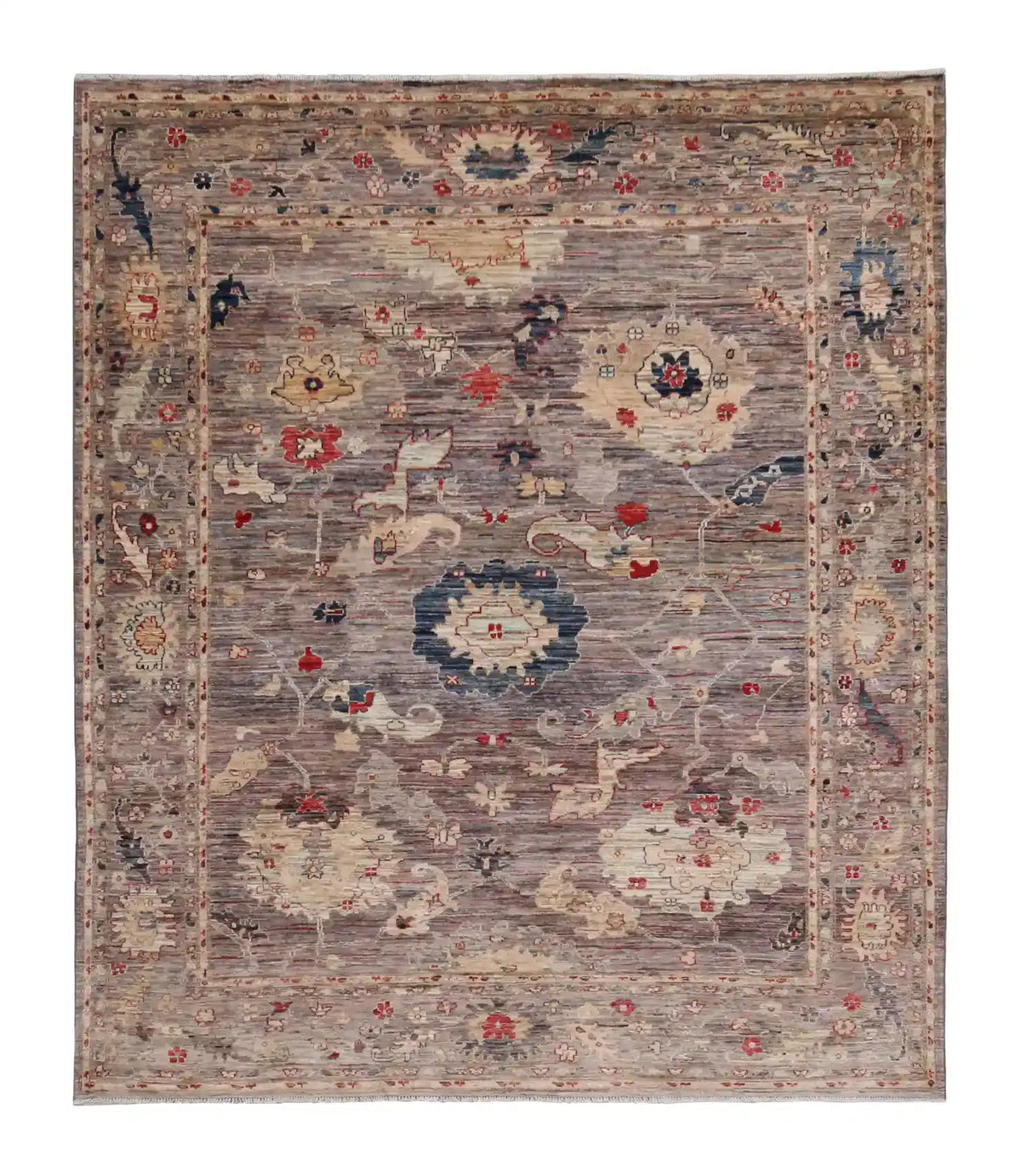 Gray Wool Rug with Red & Cream Rosettes, 284 × 246 cm, overall view.