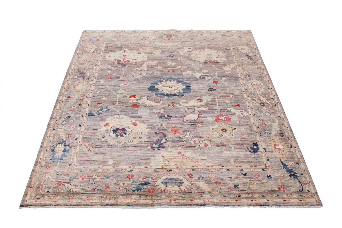 Gray Wool Rug with Red & Cream Rosettes, 284 × 246 cm, view 2.